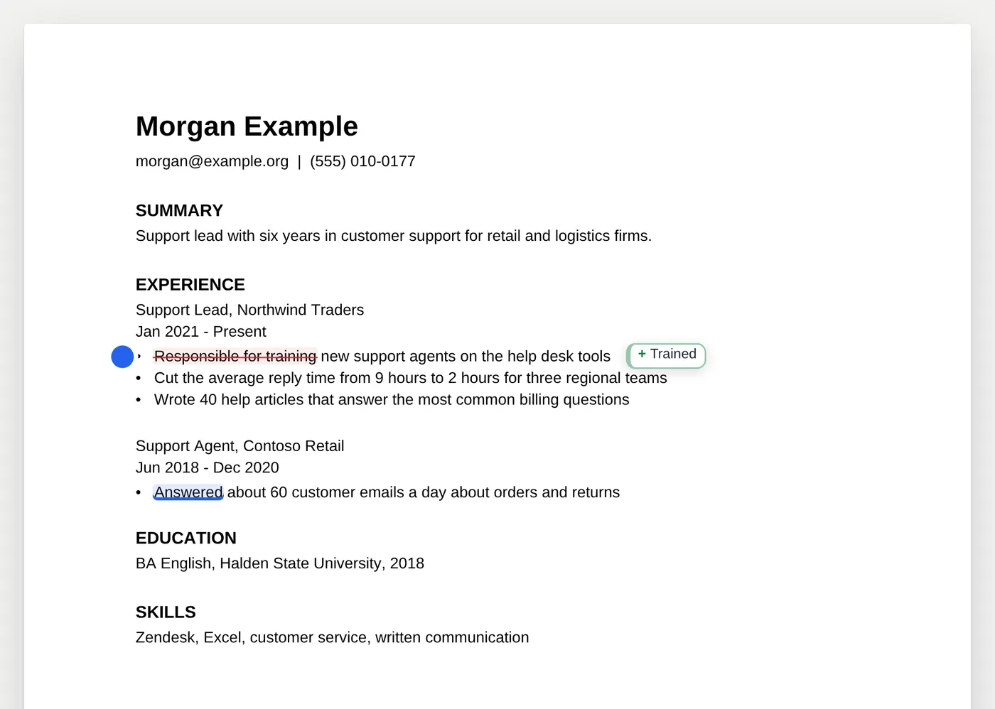 The Resume Checker showing an opened one-page PDF resume for a made-up support lead. The bullet "Responsible for training new support agents on the help desk tools" has "Responsible for training" struck through in red, with a green note reading "+ Trained" beside it: an accepted fix shown as a tracked change on the original page.