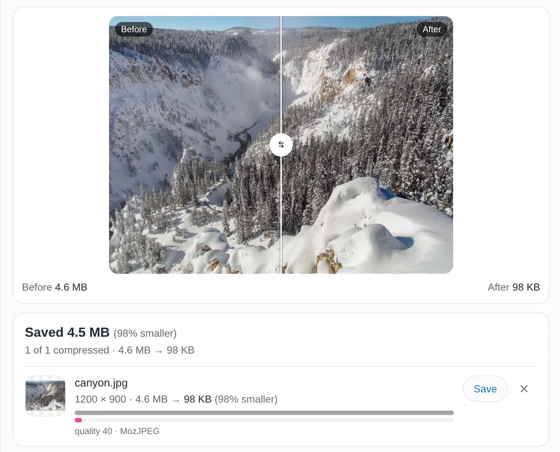 The Image Compressor after a 100 KB target with the longest side set to 1200 pixels: the before and after slider shows the snowy canyon photo, 4.6 MB before and 98 KB after, and the file row reads 1200 by 900, quality 40, MozJPEG.