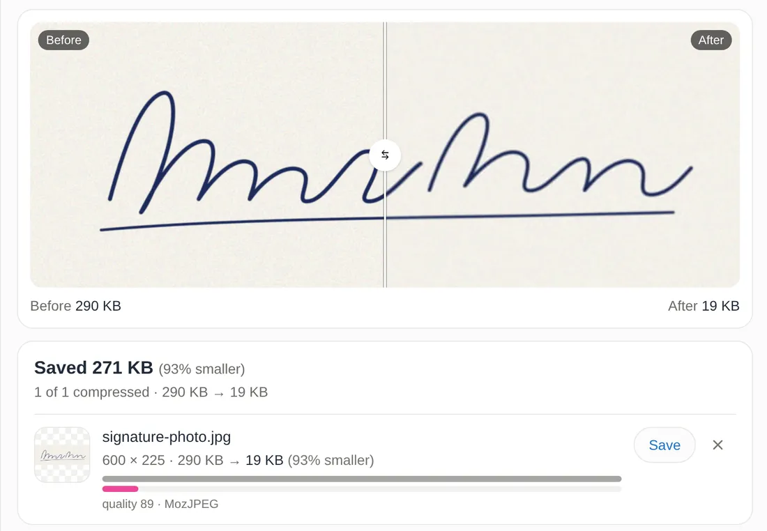 The Image Compressor with a photo of a made-up signature: the before and after slider shows the same clean blue signature, 290 KB before and 19 KB after, at 600 by 225 pixels and quality 89.