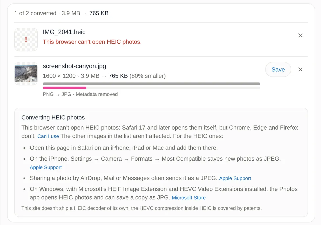 Our Image Converter in Chrome with two files: IMG_2041.heic shows "This browser can't open HEIC photos" with a note listing the alternatives, while a PNG in the same batch converts to a 765 KB JPG.