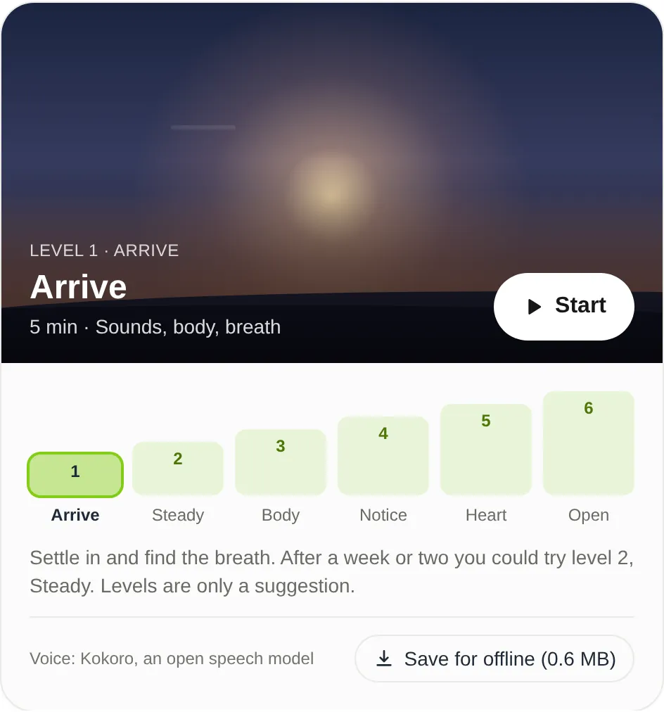 The Guided Meditation session card: the Dawn scene behind "Level 1 · Arrive, 5 min, sounds, body, breath" and a Start button. Below, six level steps of rising height (Arrive, Steady, Body, Notice, Heart, Open) with Arrive selected, a note that after a week or two you could try level 2, and a Save for offline (0.6 MB) button.