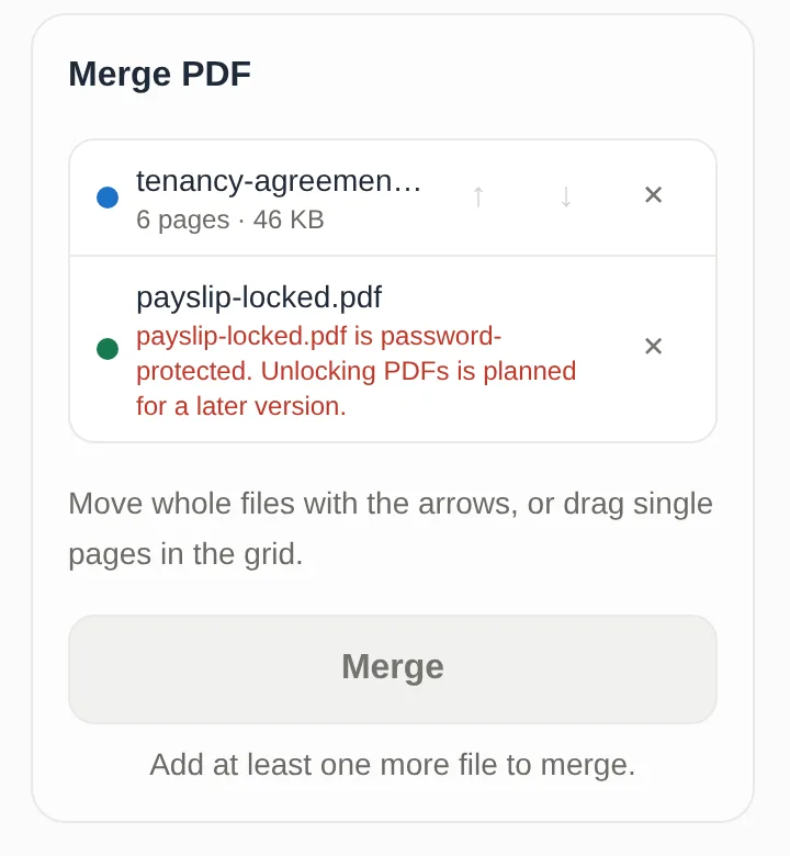 The merge panel listing tenancy-agreement.pdf, 6 pages, and payslip-locked.pdf with a red note: payslip-locked.pdf is password-protected. The Merge button is disabled with the hint: Add at least one more file to merge.