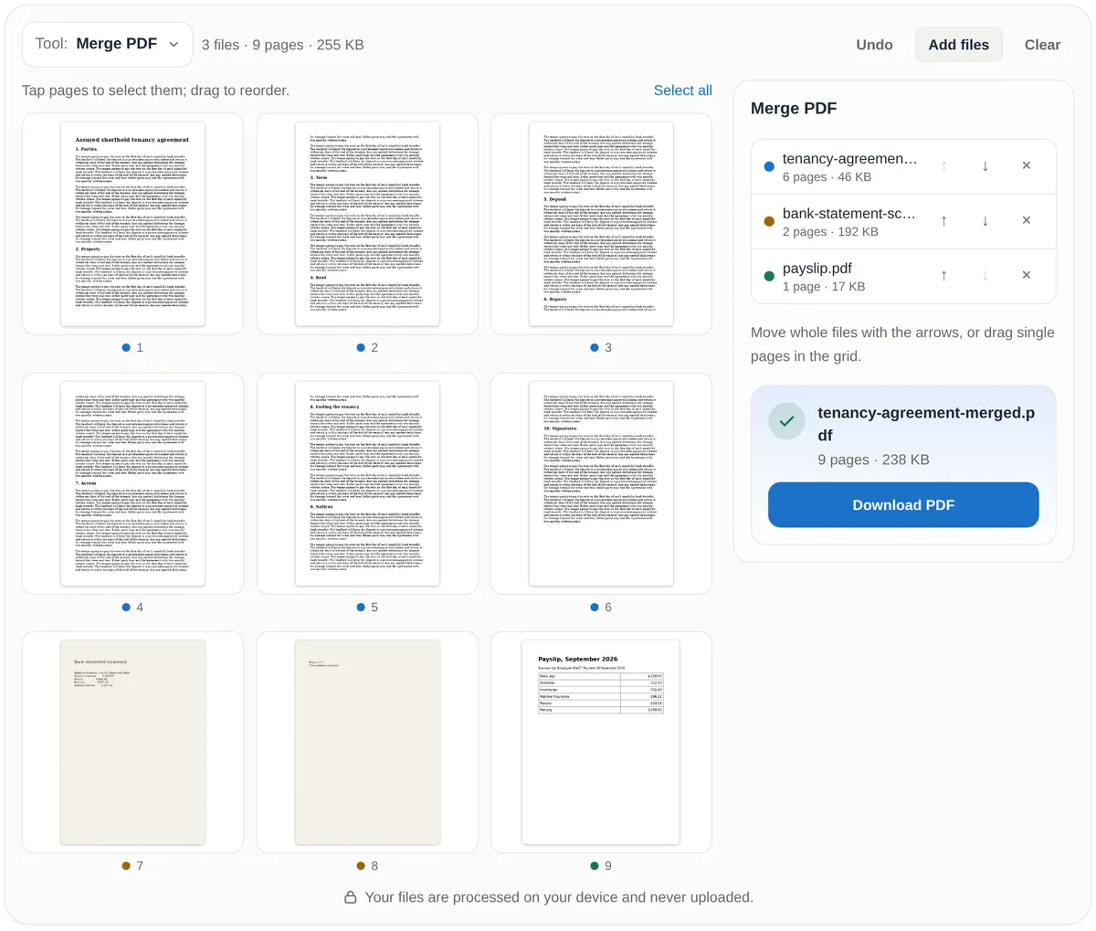 The Merge PDF tool with three files: a 6-page tenancy agreement, a 2-page scanned bank statement and a 1-page payslip. The grid shows all 9 pages in order, coloured by file, and the result reads tenancy-agreement-merged.pdf, 9 pages, 238 KB, with a Download PDF button.