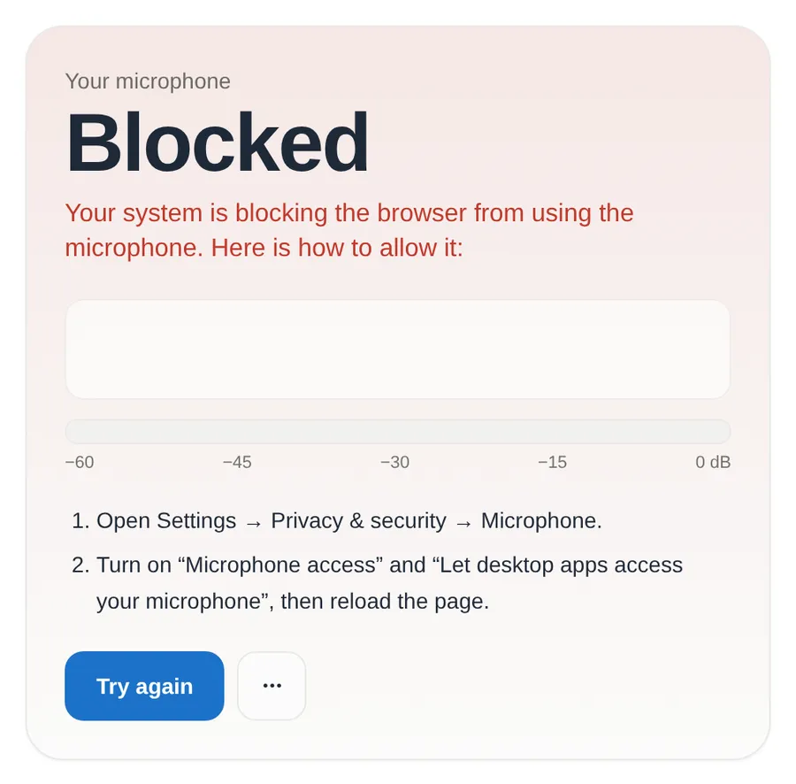Our Mic Test on Windows showing Blocked: "Your system is blocking the browser from using the microphone", with the steps: open Settings, Privacy and security, Microphone, and turn on Microphone access and Let desktop apps access your microphone, then reload the page.