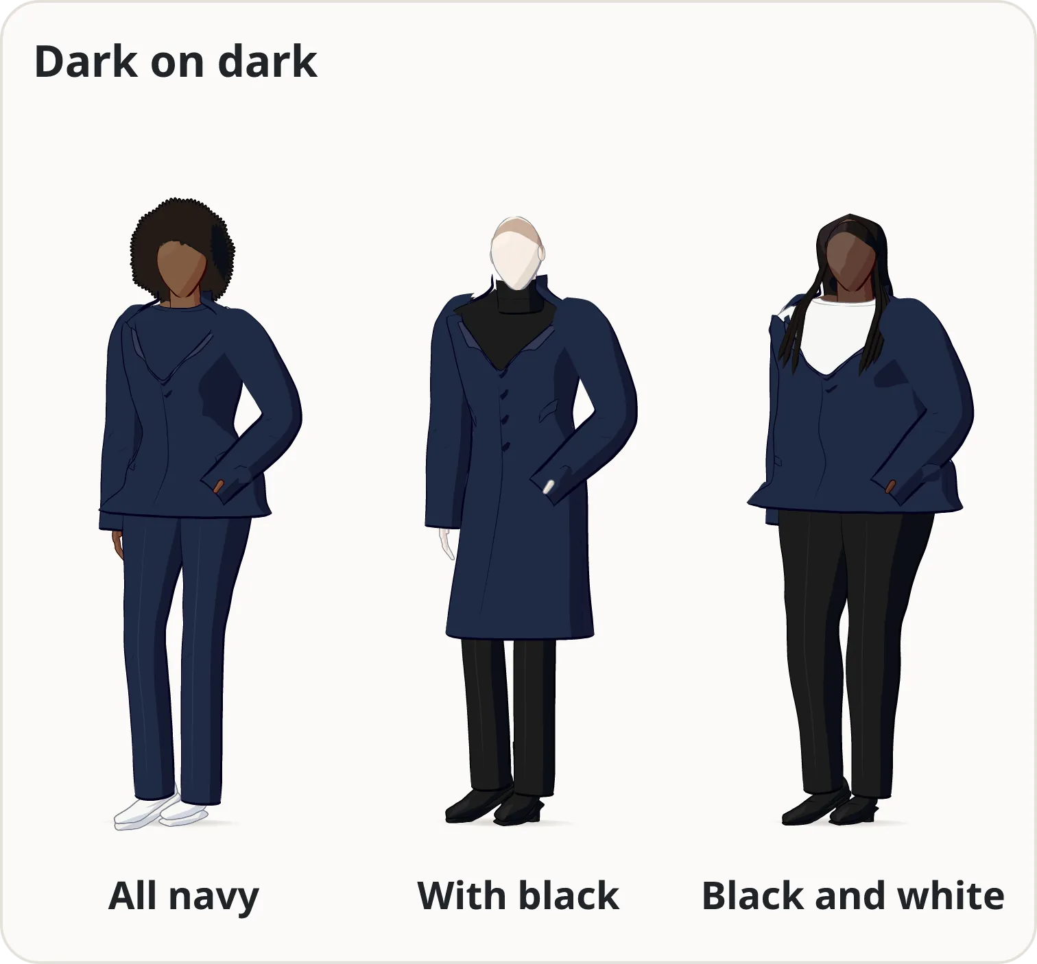 Three figures in dark looks: a navy blazer, navy T-shirt and navy trousers with white sneakers; a navy coat over a black turtleneck, black trousers and black boots; a navy blazer over a white T-shirt with black trousers and black loafers.