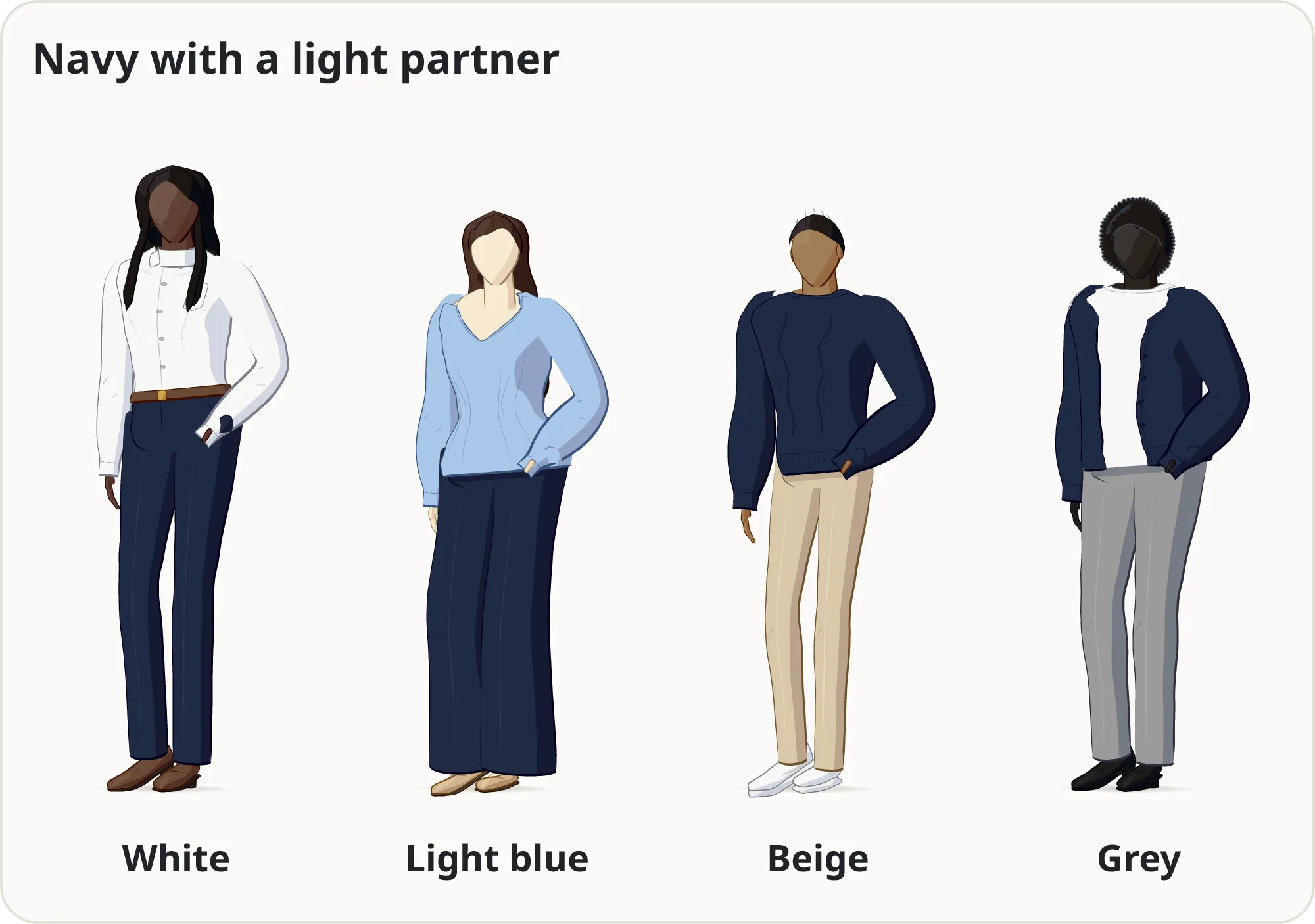 Four figures drawn by our outfit engine, each wearing navy with a light colour: navy trousers and a tucked white shirt with brown loafers and belt; wide navy trousers and a light blue blouse with tan flats; a navy sweater with beige chinos and white sneakers; a navy cardigan over a white T-shirt with grey trousers and black loafers.