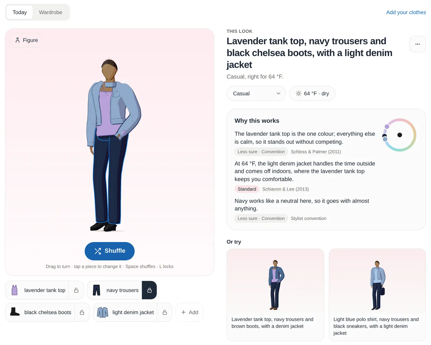 Outfit of the Day with the navy trousers locked: after a shuffle the figure wears a lavender tank top, the navy trousers, black chelsea boots and a light denim jacket. Why this works: the lavender tank top is the one colour, marked "Less sure, Convention"; the jacket suits 64 °F, marked "Standard"; and navy works like a neutral, marked "Less sure, Convention". Two alternatives below keep the navy trousers.