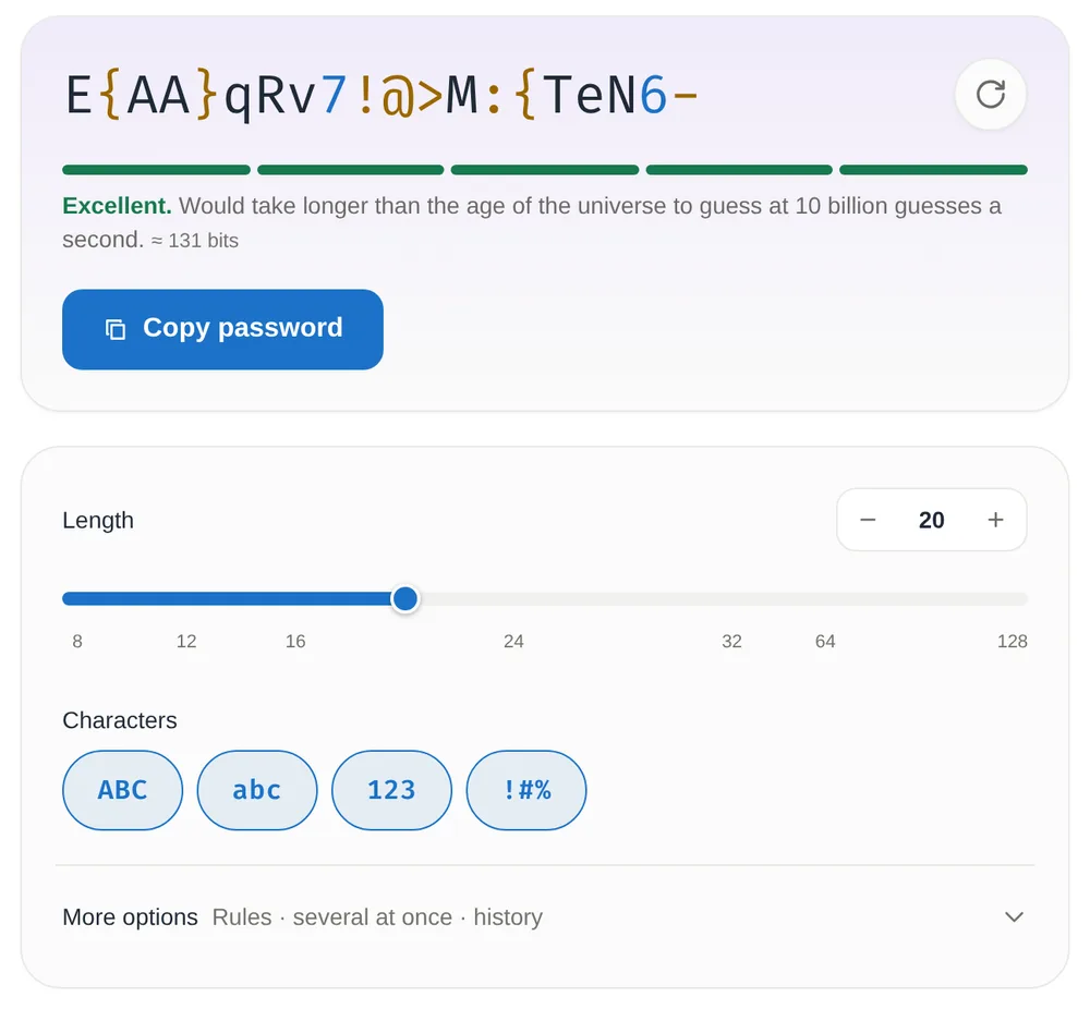 The Password Generator making a 20-character random password from capitals, lower case, numbers and symbols, rated Excellent at about 131 bits, with a length slider from 8 to 128 and four character-set buttons.