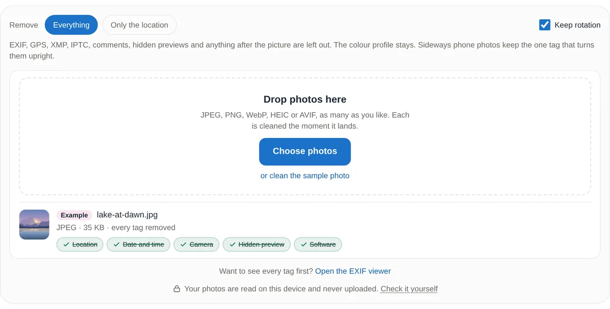 The Remove EXIF data page with Everything selected and Keep rotation ticked. The example file, lake-at-dawn.jpg, JPEG, 35 KB, is listed as every tag removed, with location, date and time, camera, hidden preview and software all crossed off.