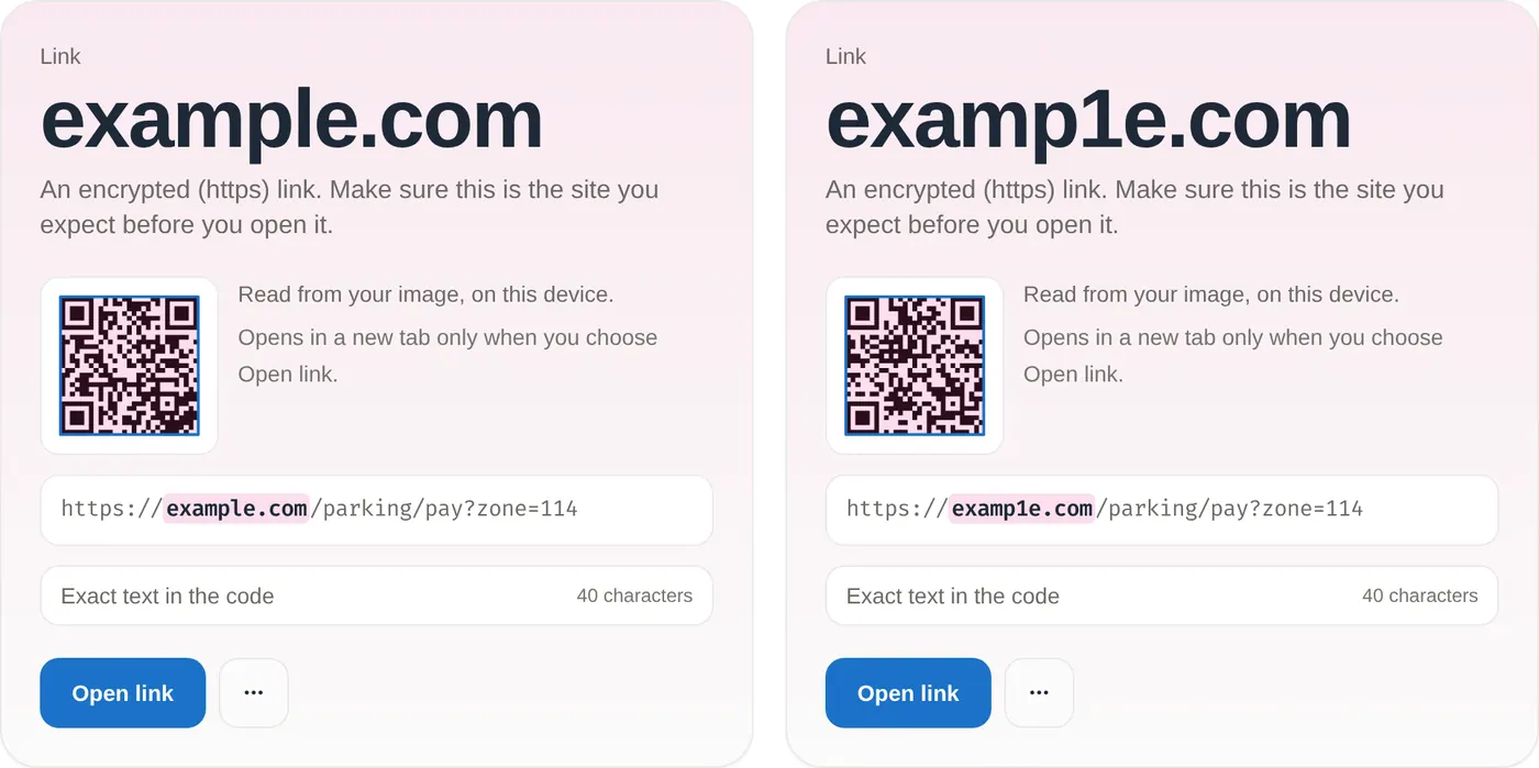 The QR Code Scanner reading two codes side by side. Left: the domain example.com in large type, with the full link https://example.com/parking/pay?zone=114 and example.com highlighted. Right: the domain examp1e.com in large type, with the full link https://examp1e.com/parking/pay?zone=114. Neither shows a warning.