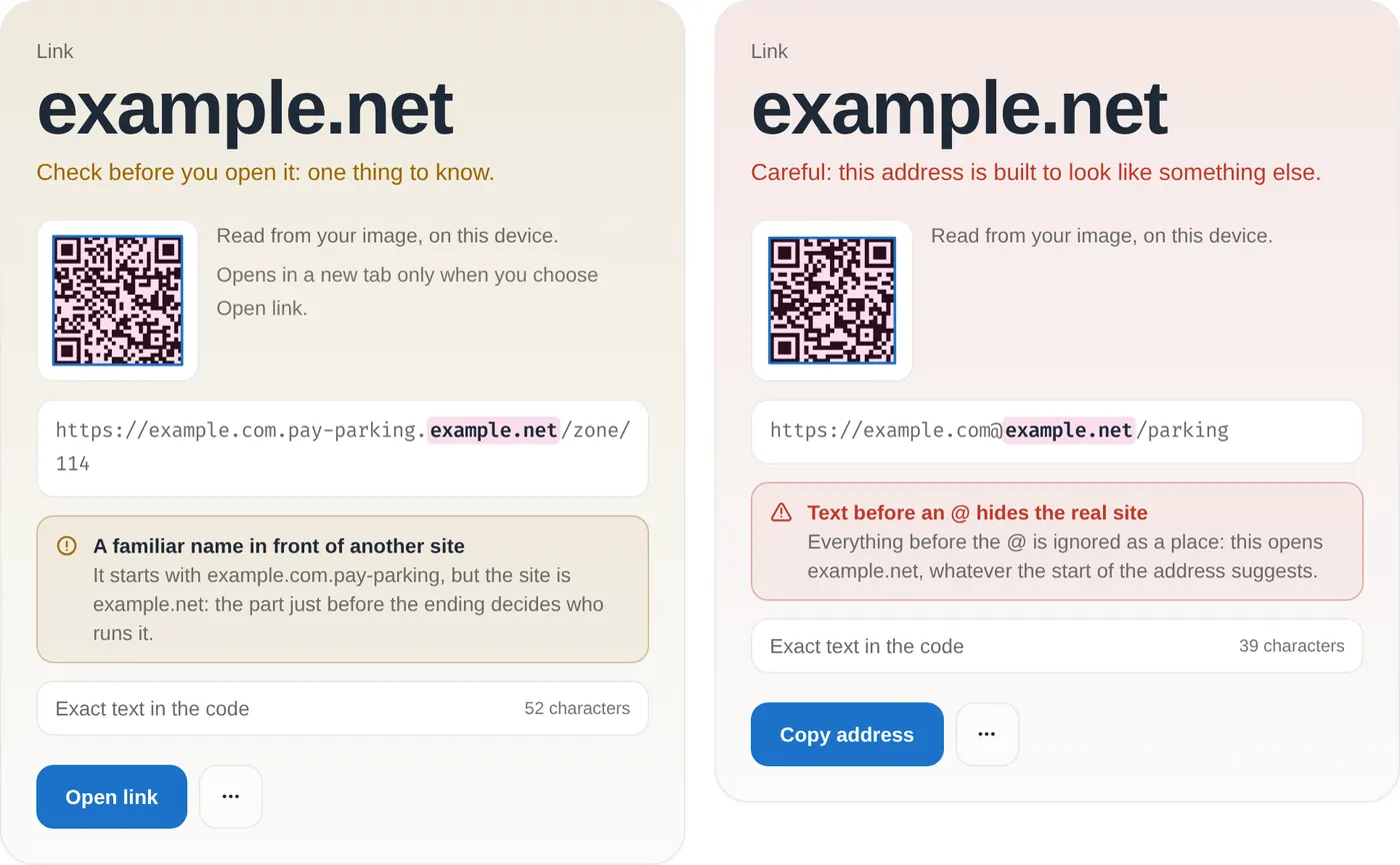 The QR Code Scanner reading two more example codes. Left: https://example.com.pay-parking.example.net/zone/114, shown as example.net with the warning "A familiar name in front of another site: it starts with example.com.pay-parking, but the site is example.net". Right: https://example.com@example.net/parking, shown as example.net with a red warning "Text before an @ hides the real site", and Copy address in place of Open link.