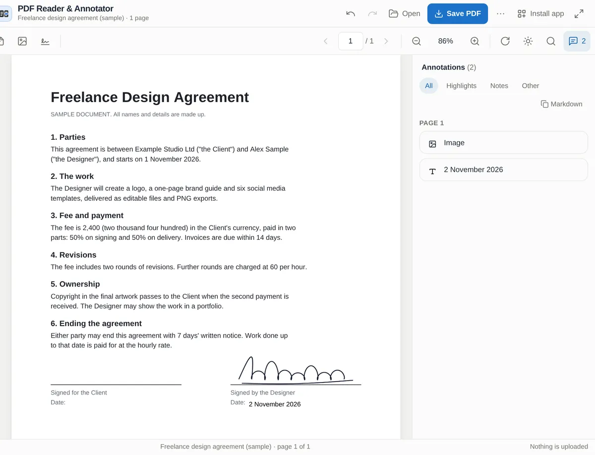 The made-up Freelance Design Agreement open in the PDF Reader & Annotator. A drawn signature sits on the Signed by the Designer line with the date 2 November 2026 typed beside it. The annotations panel lists two marks, an image and the date, and the status bar says Saved on this device.