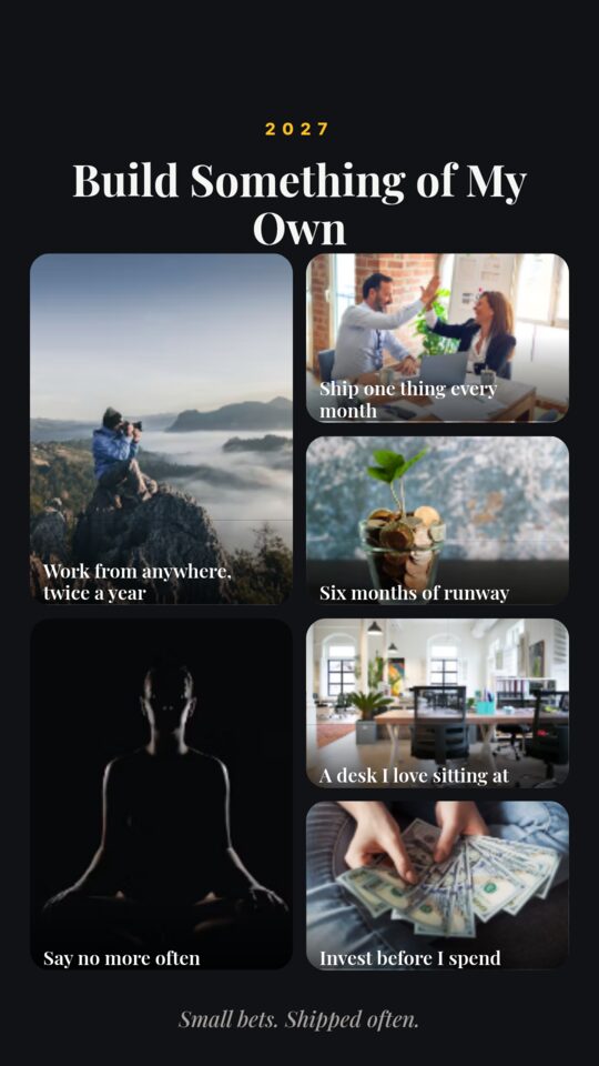 A phone wallpaper version of a vision board titled Build Something of My Own, with six photos in a two-column collage and the motto Small bets. Shipped often.