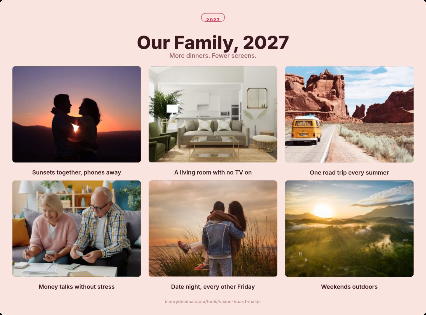 A blush-pink grid vision board titled Our Family, 2027, with six photos: a couple at sunset, a bright living room, a van on a desert road, a couple reviewing finances, a couple outdoors and a misty sunrise