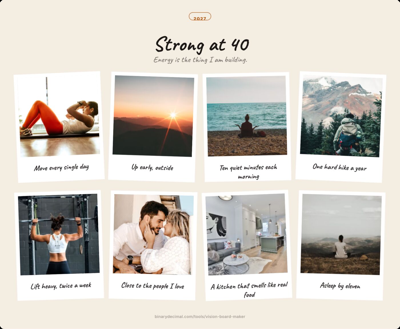 A polaroid-style vision board titled Strong at 40 with eight photos: a workout, a sunrise, meditation by the sea, a mountain hike, lifting weights, a couple, a bright kitchen and a quiet morning view