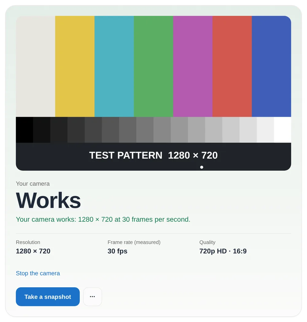 Our Webcam Test working, with a colour-bar test pattern standing in for the camera. The card says Works: 1280 × 720 at 30 frames per second, 720p HD, 16:9.